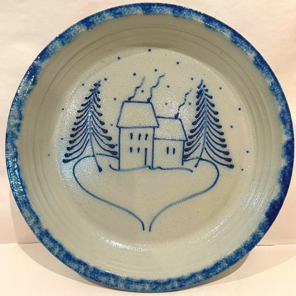 Eldreth Pottery 1994 Salt Glaze Stoneware Plate Winter House Folk Art Signed